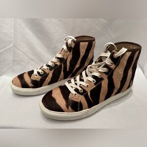 Ann Taylor Real Calf Hair Fur Zebra Print Brown Lace Up Sneakers Sz 7.5